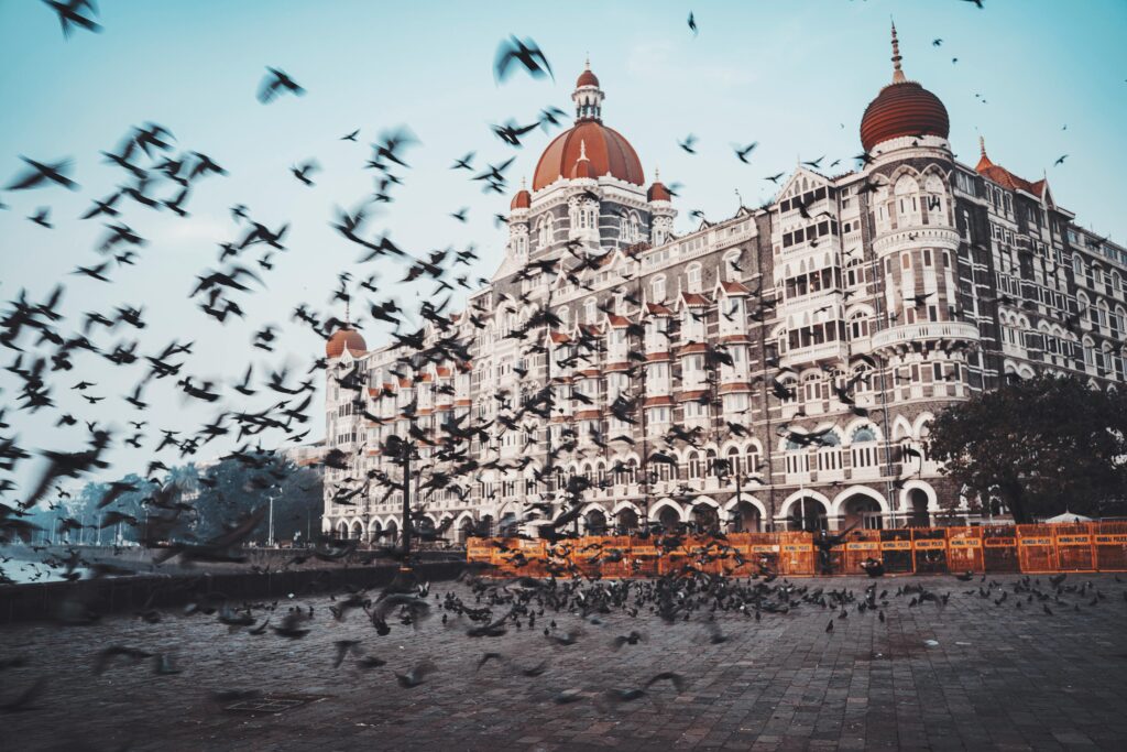 A flock of birds flying past a renowned Mumbai hotel, capturing its architectural beauty.